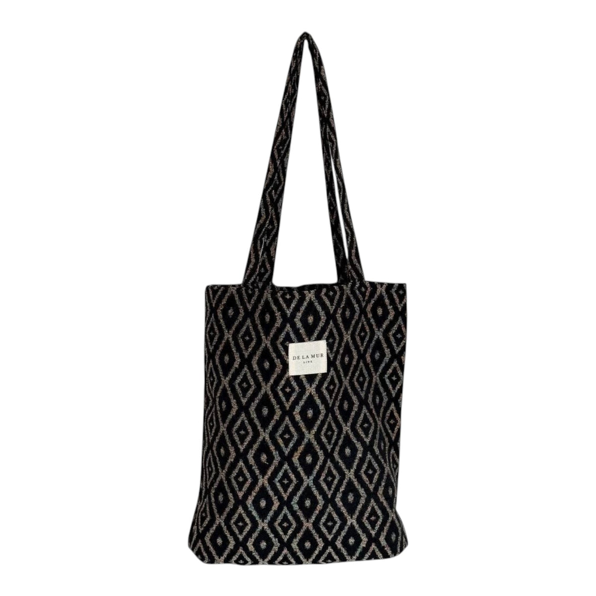Connemara Country De La Mur small black jacquard tote bag with a geometric diamond pattern and shoulder straps
