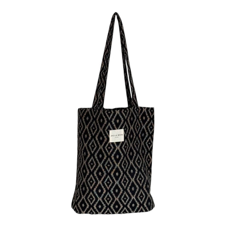 Connemara Country De La Mur small black jacquard tote bag with a geometric diamond pattern and shoulder straps