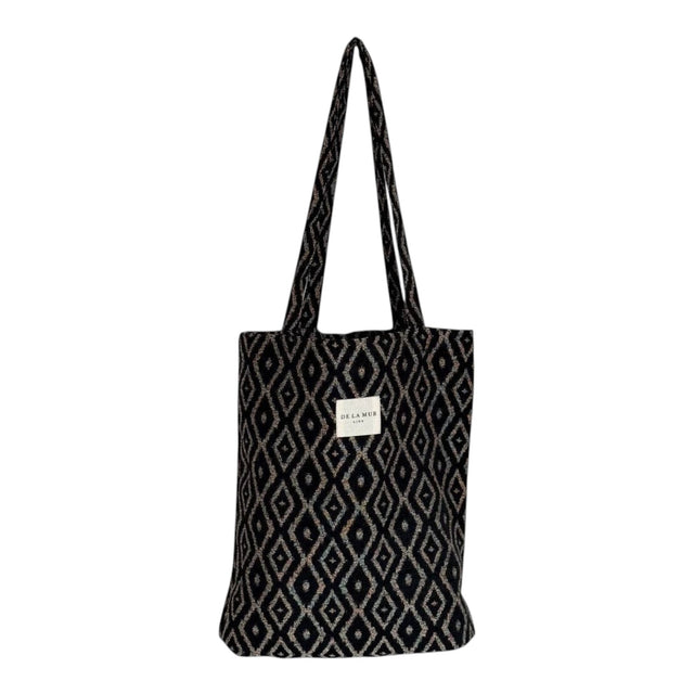 Connemara Country De La Mur small black jacquard tote bag with a geometric diamond pattern and shoulder straps