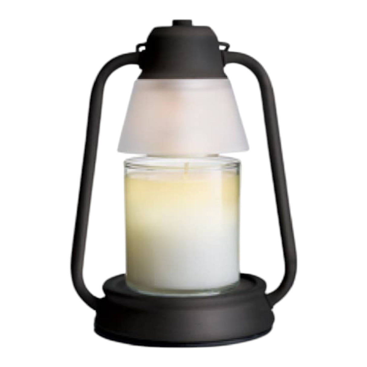 Connemara Country black metal lantern warmer with frosted shade and a small scented candle inside.