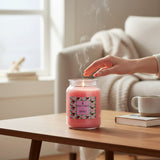 Connemara Country's large pink Bubbleberry scented candle in a glass jar with lid. Made from paraffin wax with a 1-wick.