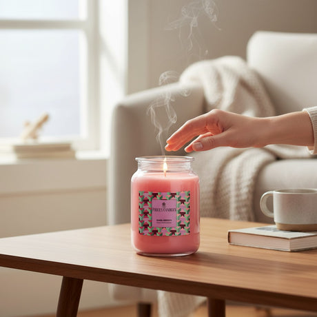 Connemara Country's large pink Bubbleberry scented candle in a glass jar with lid. Made from paraffin wax with a 1-wick.
