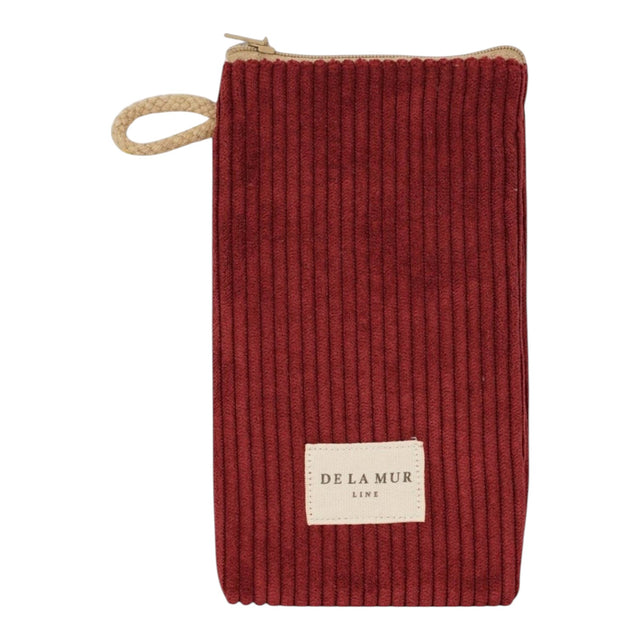 Connemara Country burgundy corduroy glasses case with a top zipper and a small beige cord handle.