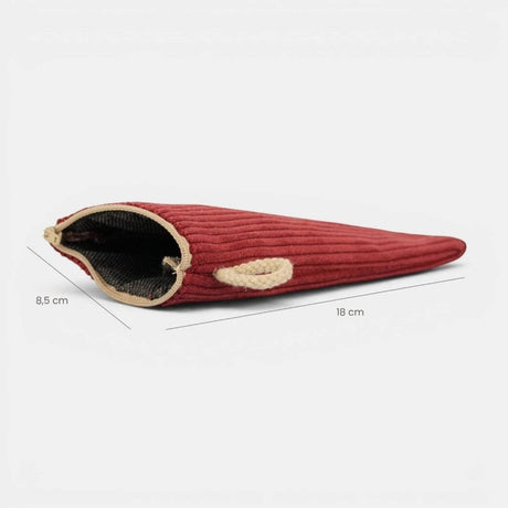 Connemara Country burgundy corduroy glasses case with a zipper closure and beige cord handle on a white background.