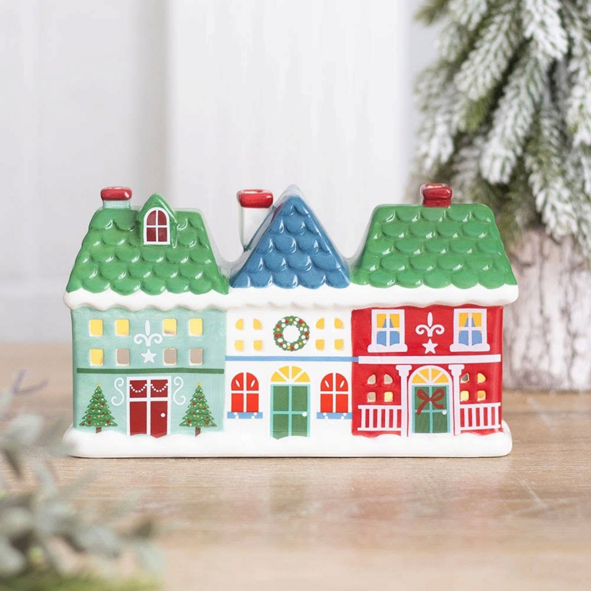 Connemara Country ceramic Christmas village tealight and incense holder featuring three colourful festive houses