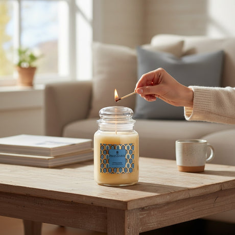 Connemara Country large glass jar candle with a yellow wax fill and a Citrus Rush scent label. Features a single wick and a clear glass lid.