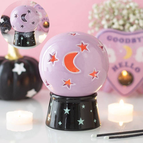 Connemara Country ceramic crystal ball tealight and incense holder in pastel purple with moon and star cut-outs.