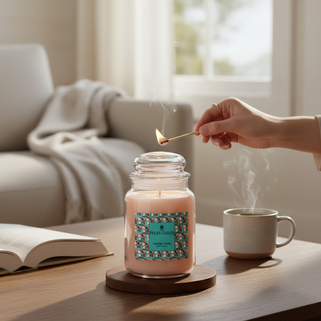 Connemara Country Price's Candles Crystal Fruits scented candle in a glass jar with a lid. The candle is peach-colored with a single wick.