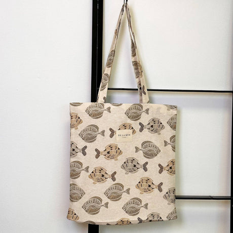 Connemara Country De La Mur Taba fabric tote bag in beige with a brown fish print and shoulder straps