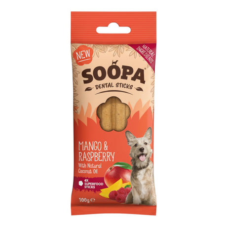 Connemara Country Soopa Mango & Raspberry dental sticks for dogs, 100g bag with natural coconut oil.