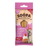 Connemara Country Soopa Strawberry & Coco-Cream Cupcake dog dental sticks, 100g bag with a dog wearing a party hat.