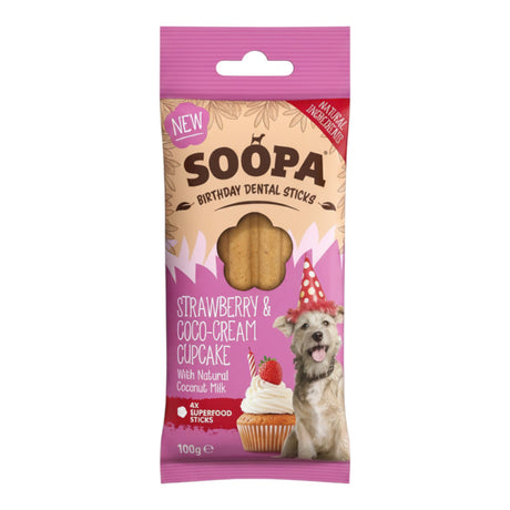 Connemara Country Soopa Strawberry & Coco-Cream Cupcake dog dental sticks, 100g bag with a dog wearing a party hat.