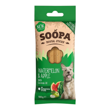 Connemara Country Soopa Watermelon & Apple Dog Dental Sticks, hypoallergenic, grain-free, natural ingredients for fresh breath and clean teeth.