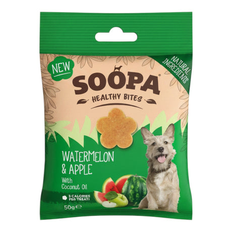 Connemara Country Soopa Watermelon & Apple dog treats, hypoallergenic, grain-free, with coconut oil. Features a flower-shaped treat.