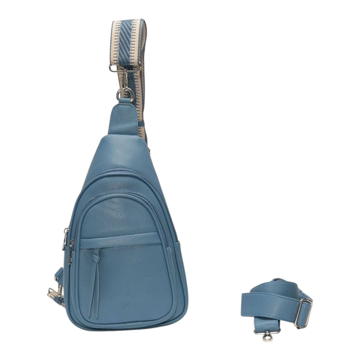 Connemara Country LOT83 Faya crossbody bag in blue vegan leather with a woven strap and an extra solid PU strap.