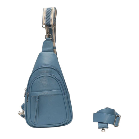 Connemara Country LOT83 Faya crossbody bag in blue vegan leather with a woven strap and an extra solid PU strap.