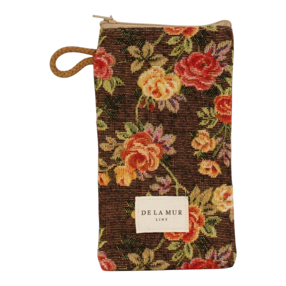 Connemara Country De La Mur Pepi floral jacquard glasses case in red and yellow on brown with a beige cord handle