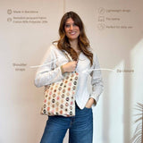 Connemara Country small tote bag in pink and orange geometric jacquard fabric with shoulder straps and zip closure