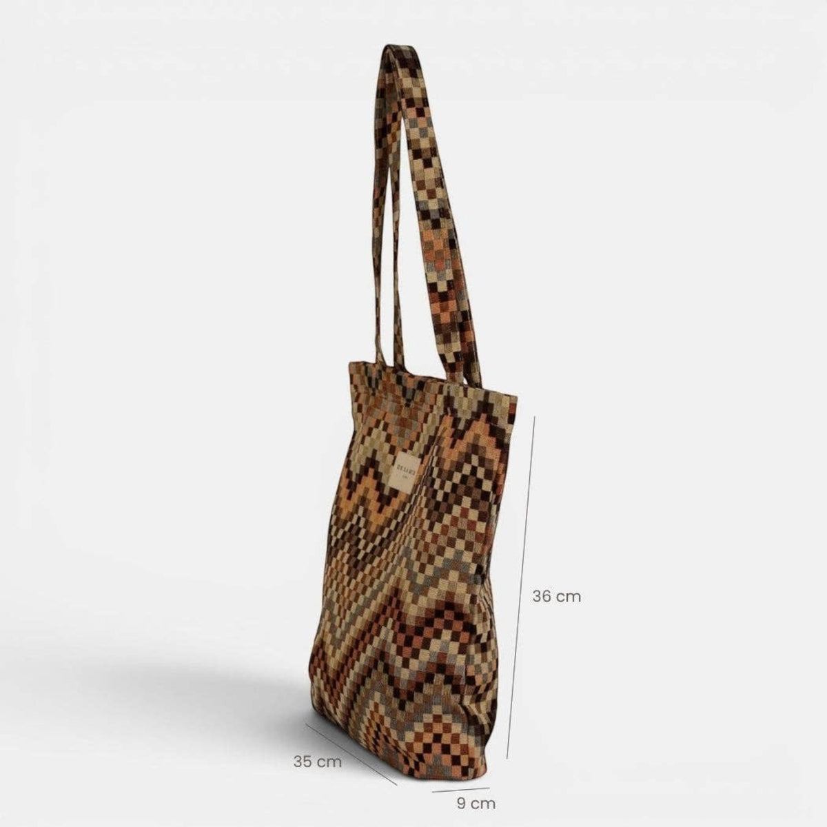 Connemara Country De La Mur small geometric jacquard tote bag in brown and beige with shoulder handles and zipper