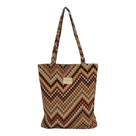 Connemara Country De La Mur small tote bag in brown and beige geometric jacquard fabric with a top zipper closure.
