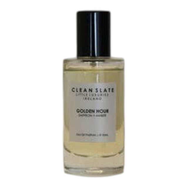 Connemara Country CLEAN SLATE Golden Hour Saffron + Amber Eau de Parfum 50ml bottle with black cap.