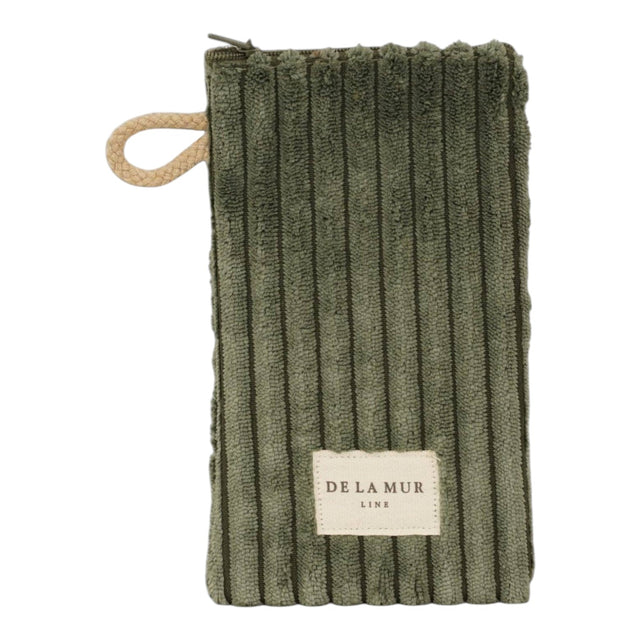 Connemara Country De La Mur moss green wide-wale corduroy glasses case with a beige cord handle and zipper closure.