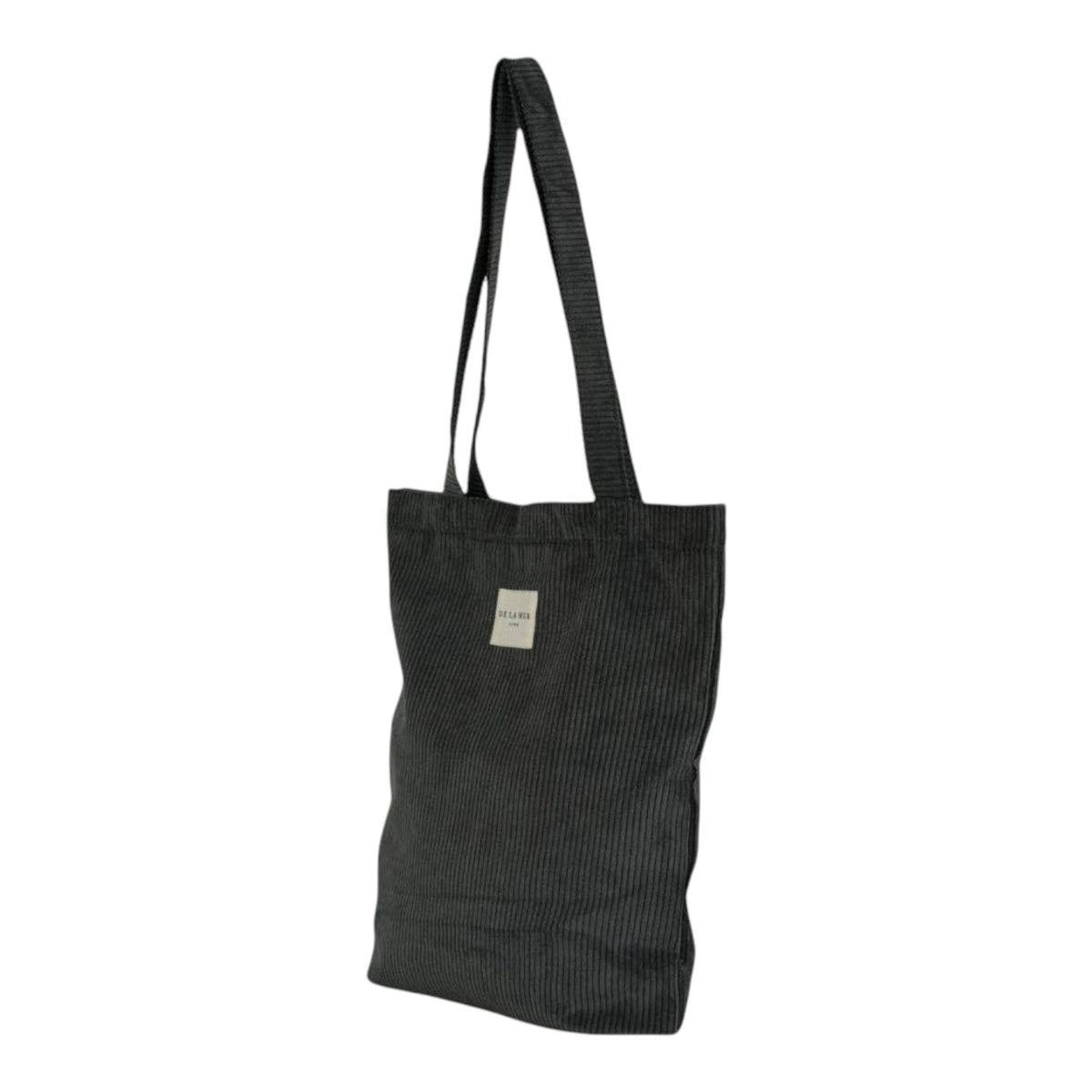Connemara Country grey corduroy tote bag with shoulder straps and top zipper closure, shown with dimensions.