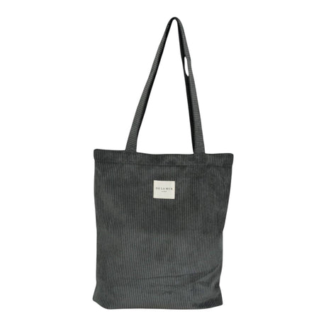 Connemara Country grey corduroy tote bag with shoulder straps and a top zipper closure, featuring a brand label.
