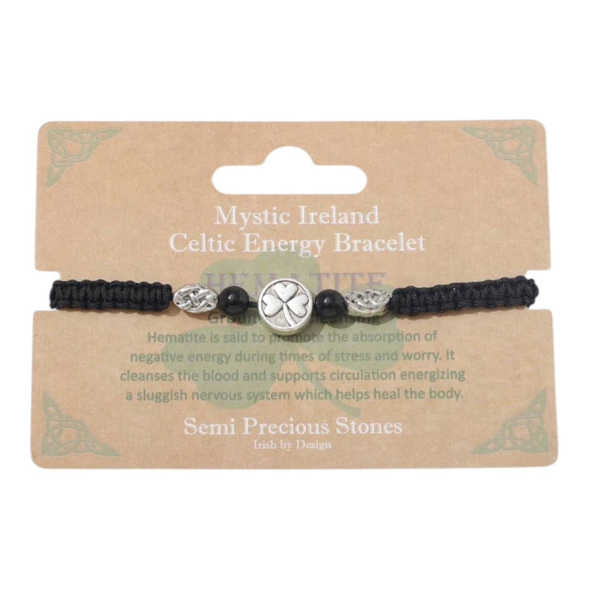 Connemara Country hematite bead bracelet with a silver shamrock charm on a branded display card