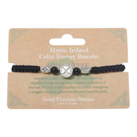 Connemara Country hematite bead bracelet with a silver shamrock charm on a branded display card