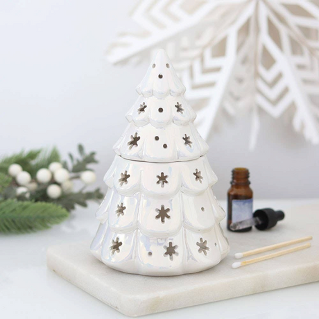 Connemara Country iridescent white fir tree oil burner with star cutouts for festive home fragrance