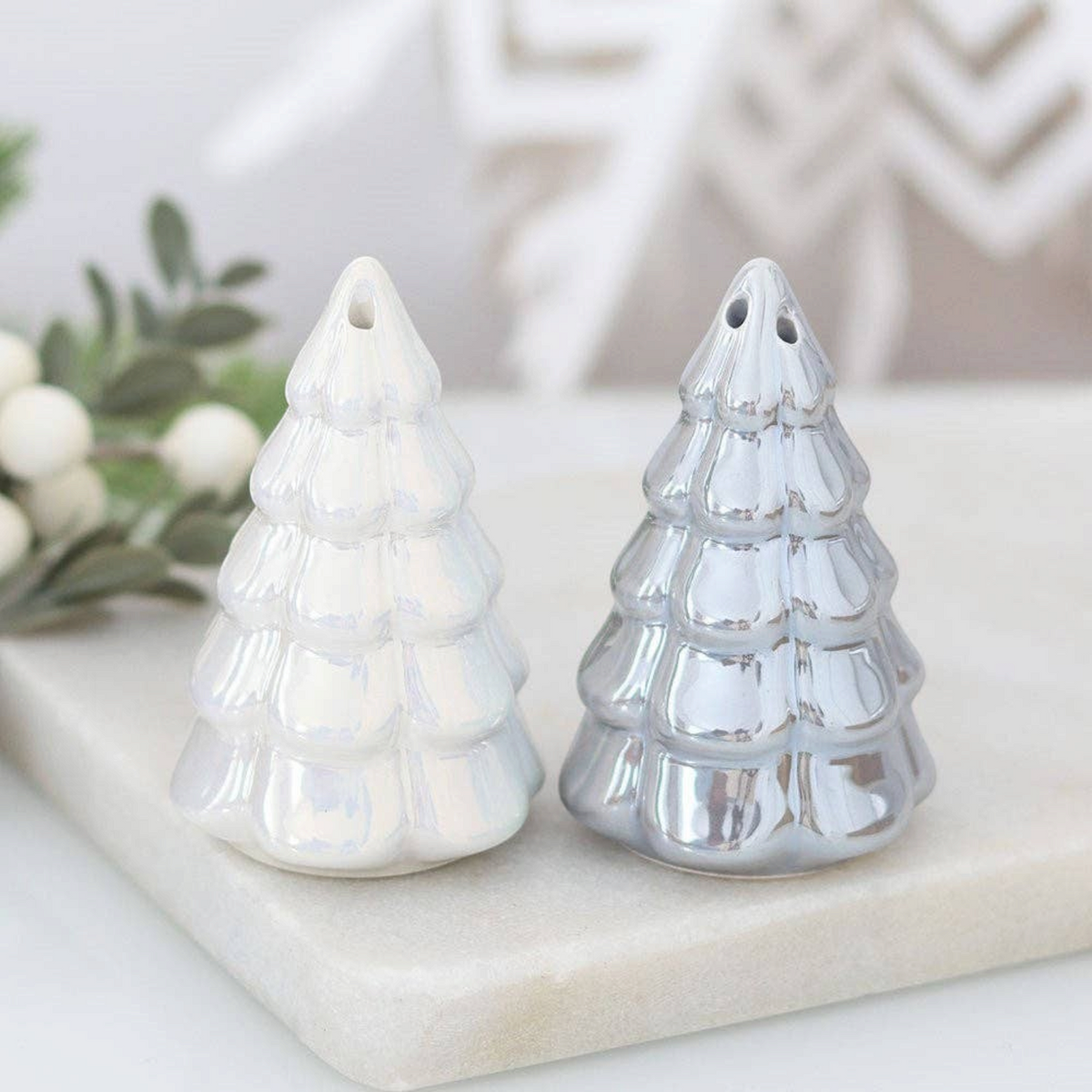 Connemara Country iridescent fir tree salt and pepper shakers for festive Christmas table decor.