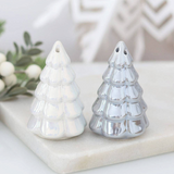 Connemara Country iridescent fir tree salt and pepper shakers for festive Christmas table decor.