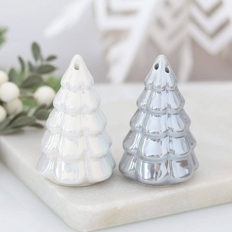 Connemara Country iridescent fir tree salt and pepper shakers for festive Christmas table decor.