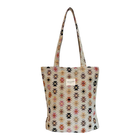Connemara Country De La Mur small jacquard tote bag with pink and orange geometric print and top zipper closure