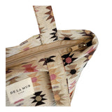 Connemara Country De La Mur small tote bag in beige jacquard fabric with pink and orange geometric print and zipper