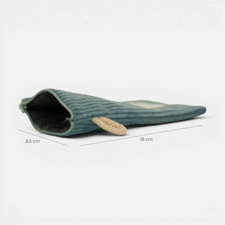 Connemara Country De La Mur jade blue corduroy glasses case with beige cord handle and gray interior lining