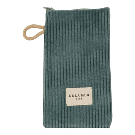 Connemara Country jade blue corduroy glasses case with a top zipper and beige cord handle on a white background.