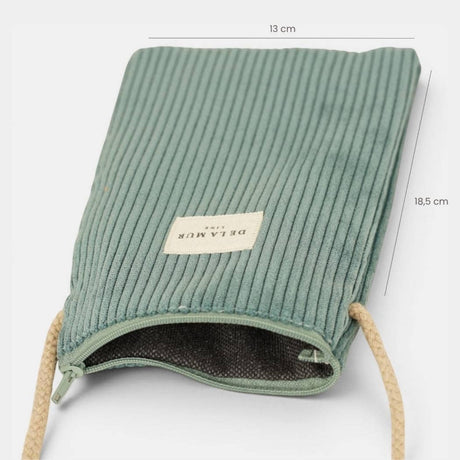 Connemara Country De La Mur jade green corduroy crossbody phone pouch with beige cord and top zipper closure