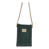 Connemara Country De La Mur jade green corduroy crossbody phone pouch with a long beige cotton cord and zipper top.
