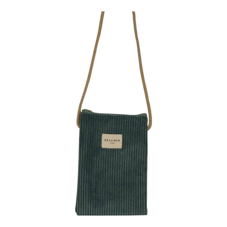 Connemara Country De La Mur jade green corduroy crossbody phone pouch with a long beige cotton cord and zipper top.