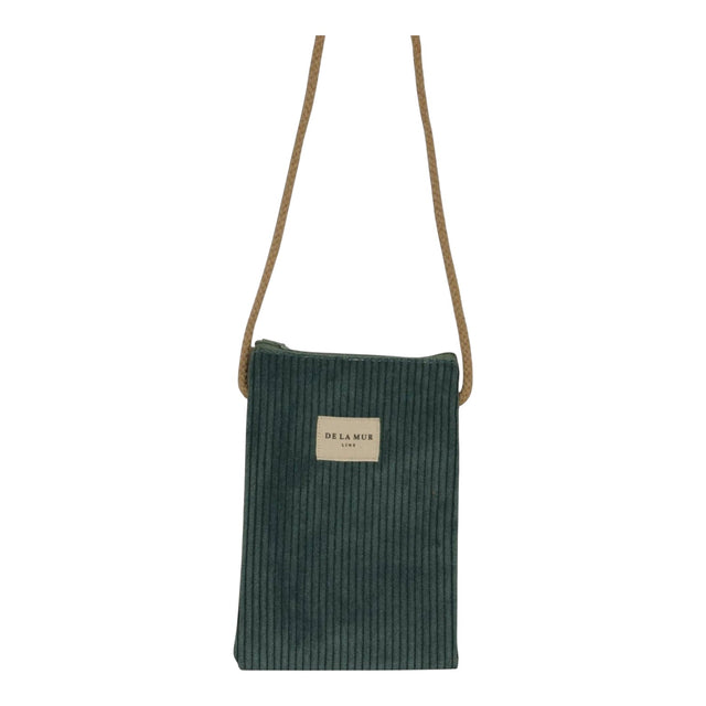 Connemara Country De La Mur jade green corduroy crossbody phone pouch with a long beige cotton cord and zipper top.