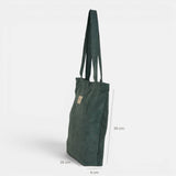 Connemara Country jade green corduroy tote bag with shoulder straps and top zipper, side view with dimensions.