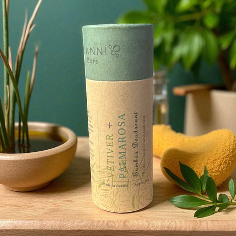Connemara Country Janni Bars plastic-free bamboo deodorant stick with vetiver and palmarosa in eco-friendly packaging.
