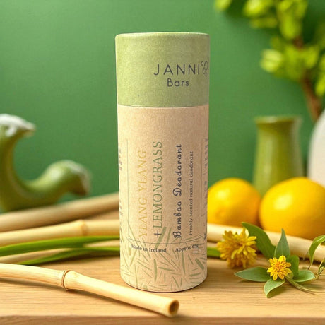 Connemara Country Janni Bars plastic-free lemongrass and ylang ylang bamboo deodorant in a sustainable paper tube.