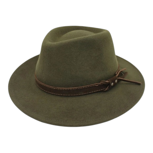 Connemara Country khaki waterproof wool fedora hat with a brown leather belt detail, Italian-made and crushable.