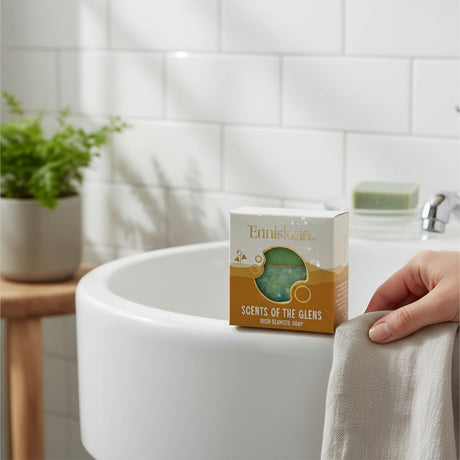 Connemara Country Enniskinn Lemongrass Bergamot Irish seaweed soap bar with green and blue swirls and gold detail.