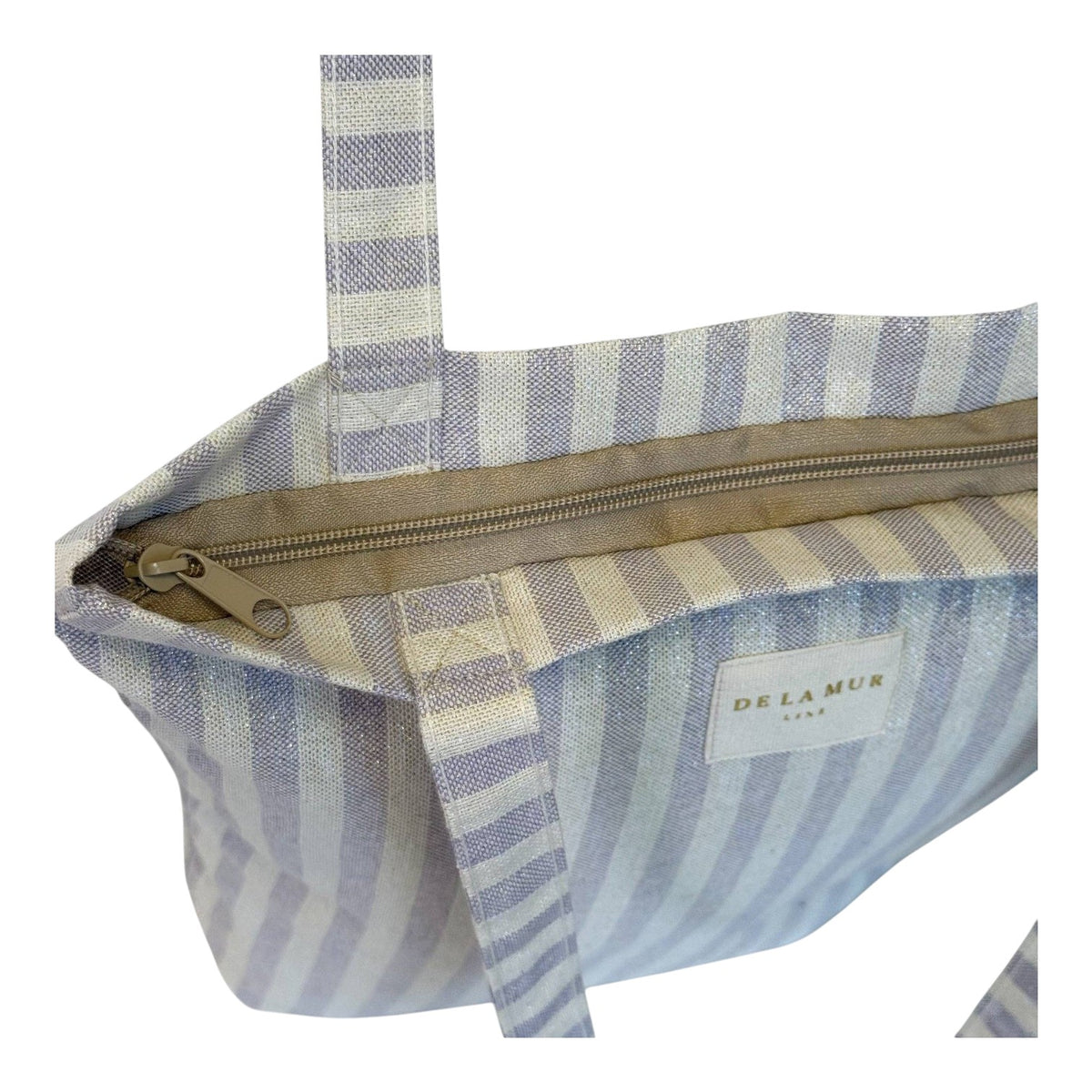 Connemara Country De La Mur lilac striped cotton tote bag with zipper closure and golden lurex detail