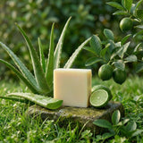 Connemara Country The Black Stuff lime and aloe vera soap bar on a stone surrounded by fresh aloe and lime fruit.