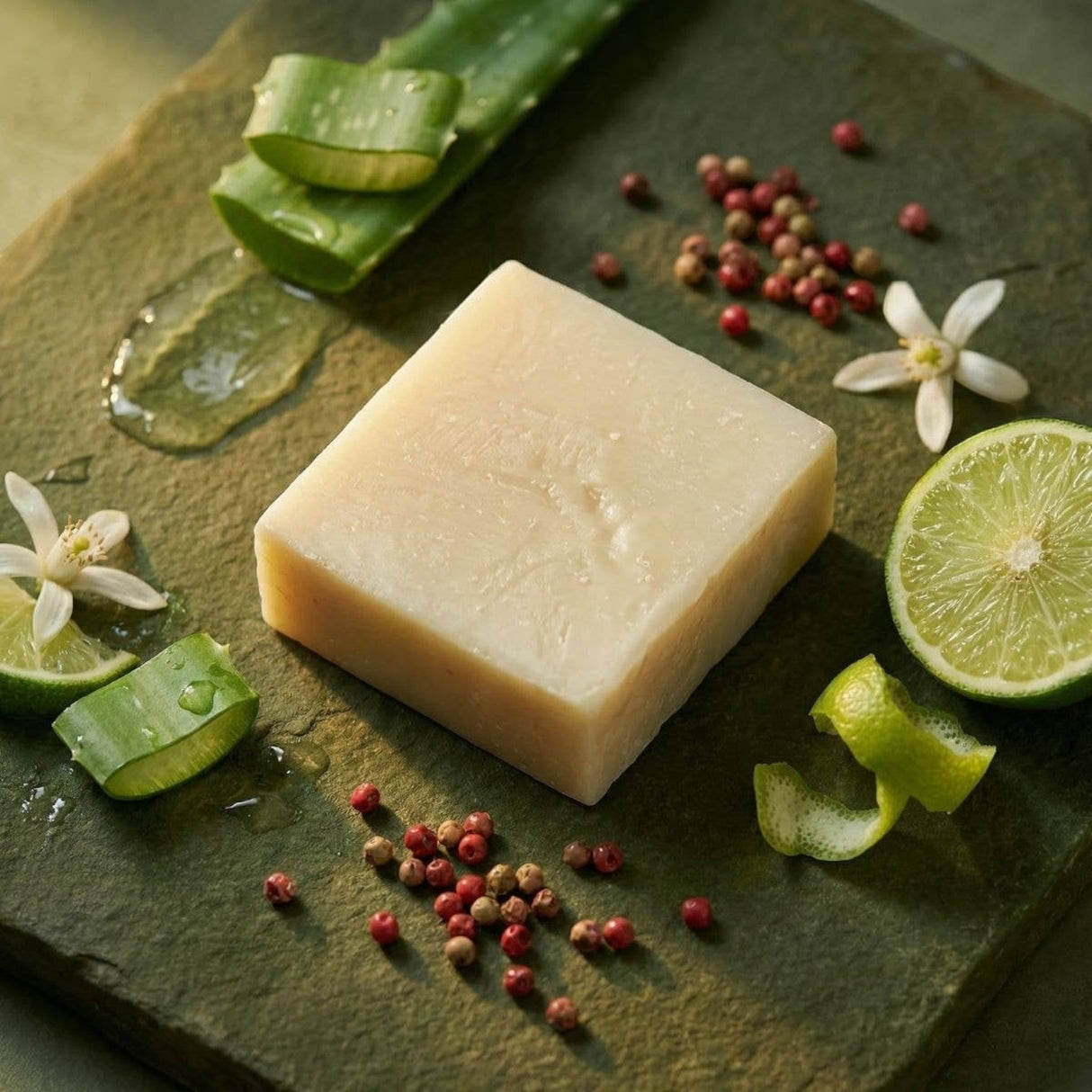 Connemara Country The Black Stuff lime and aloe soap bar surrounded by fresh lime slices, aloe vera, and peppercorns.